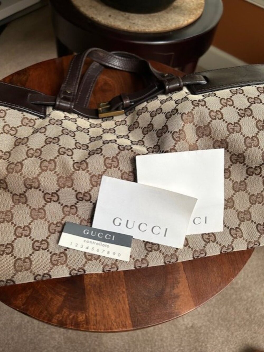 GUCCI GG Monogram Buckle Tote Bag, Taupe, Brown - Picture 11 of 16